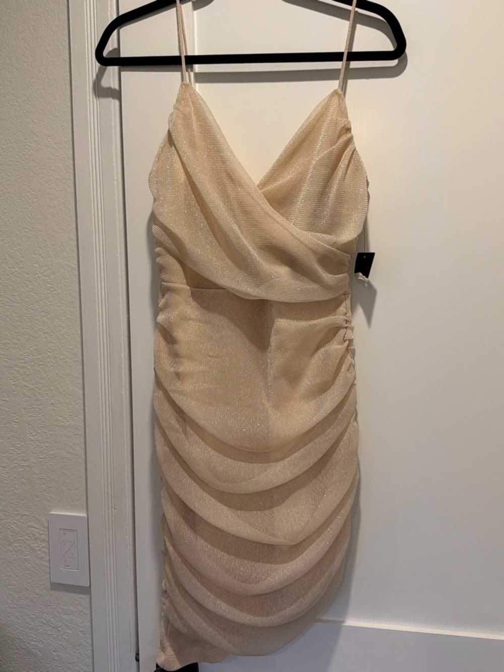 Lulu's Shimmery Cream Draped Ruched Spaghetti-Strap Mini Dress